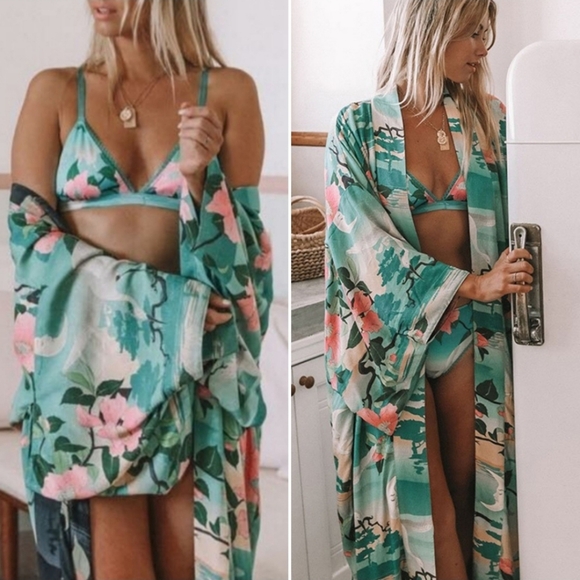 New Spell Designs Nightingale Reversible Kimono Robe Teal Black S/M Duster Lily - Picture 12 of 16